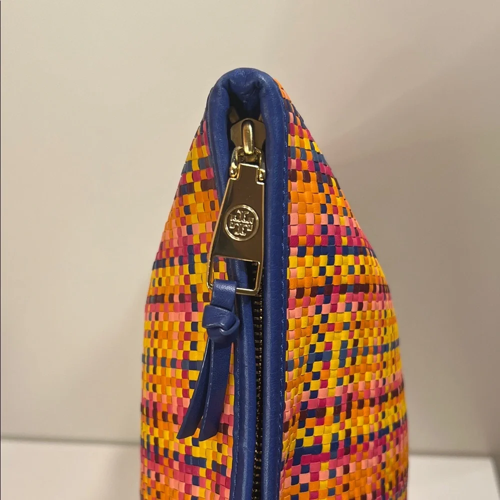 Tory Burch Woven Leather Clutch Bag Vibrant Colors of Orange Yellow Pink Blue